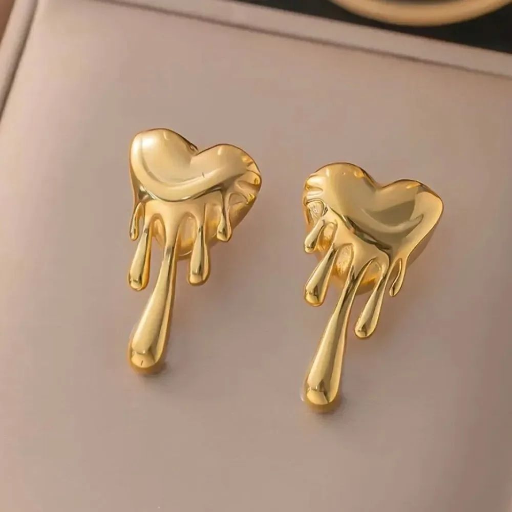 18K GOLD PLATED Melting Dripping Heart Stud Earrings